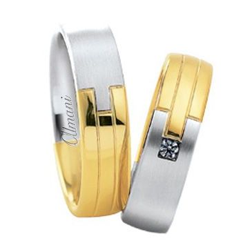 18k Two-Tone Yellow & White Gold Jigsaw 6mm His & Hers 0.03ctw Diamond Wedding Band Set 267