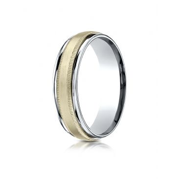 14k Two-Toned 6mm Comfort-Fit Satin Finish Carved Design Band with Milgrain