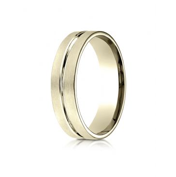 18k Yellow Gold 6mm Comfort-Fit Satin Finished with High Polished Center Cut Carved Design Band