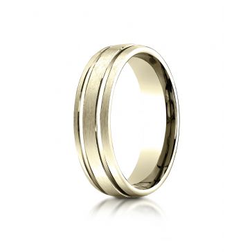 18K Yellow Gold 6mm Comfort-Fit Satin-Finished with Parallel Grooves Carved Design Band