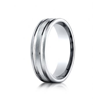 14k White Gold 6mm Comfort-Fit Satin-Finished with Parallel Grooves Carved Design Band