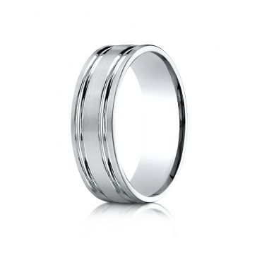 14k White Gold  7mm Comfort-Fit Satin-Finished with Parallel Grooves Carved Design Band