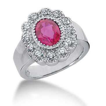 14K Ruby, Round Brilliant Diamond Pave Set Ring (0.6ctw.)